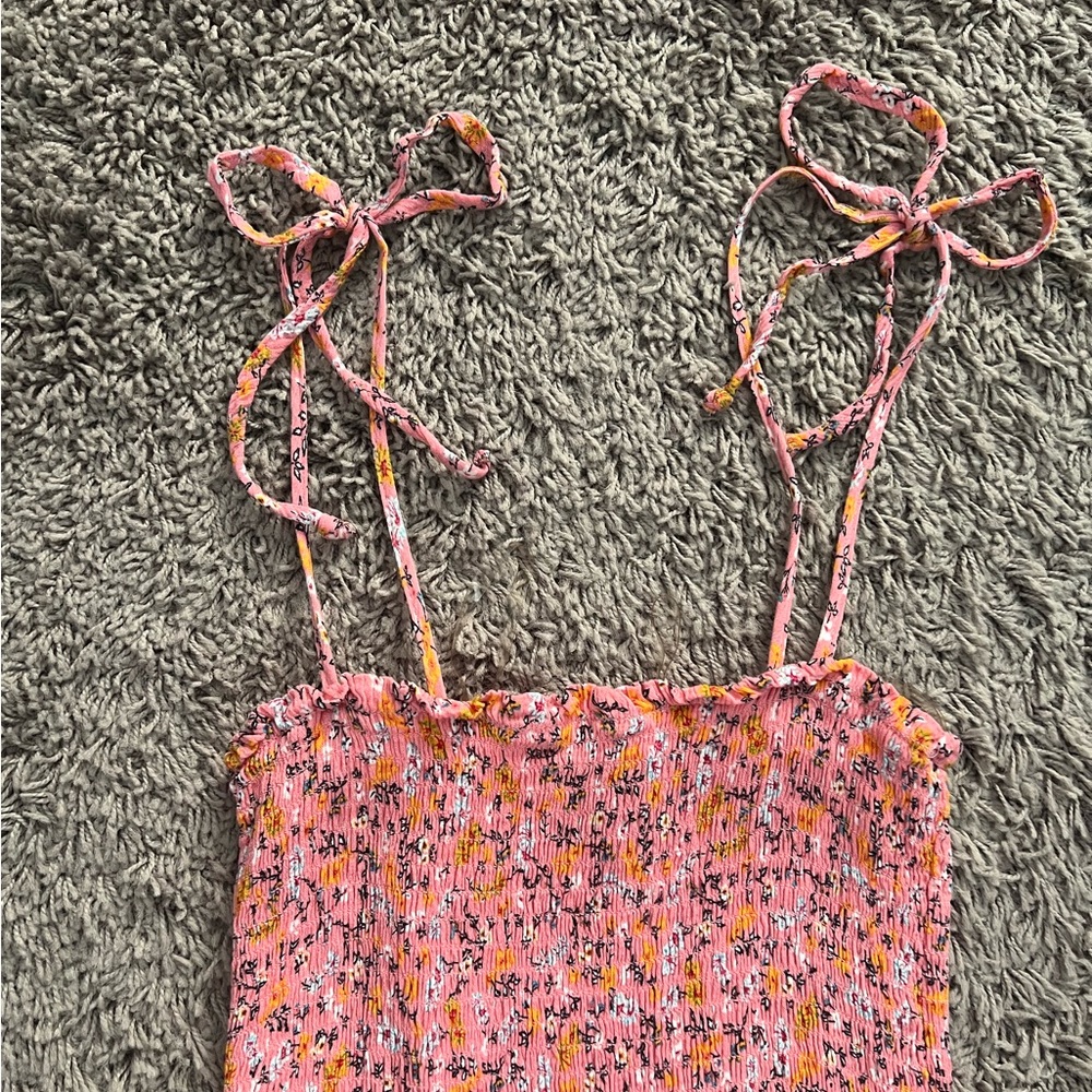 Wild Fable Pink and Orange Micro Floral Tiered Mini Sundress W/ Smock Detail. S. - Picture 3 of 12